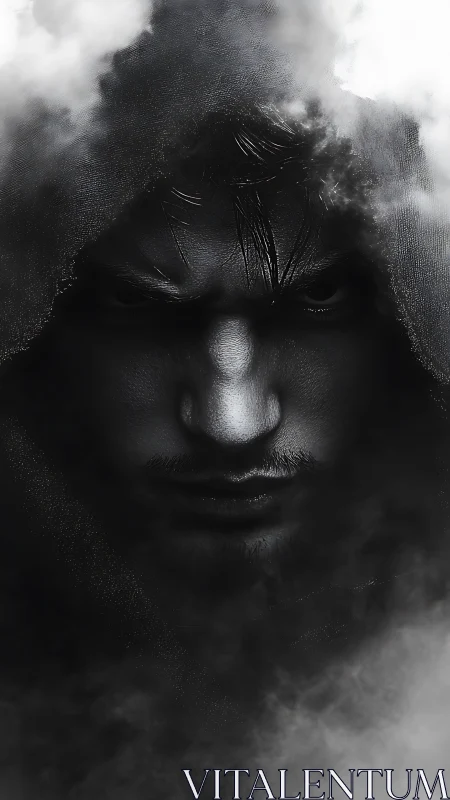 Monochrome hooded male portrait emerges through dense digital mist