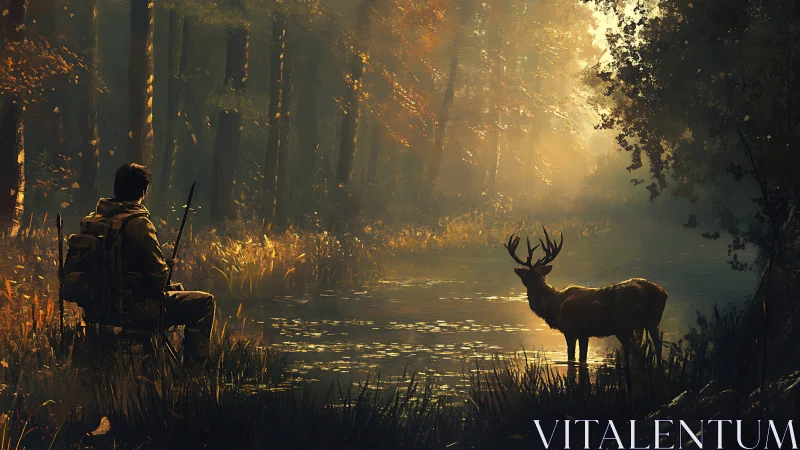 Hunter and stag facing each other at a misty forest river.