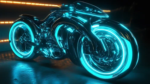 Gleaming neon motorbike glows boldly in a sleek dark studio