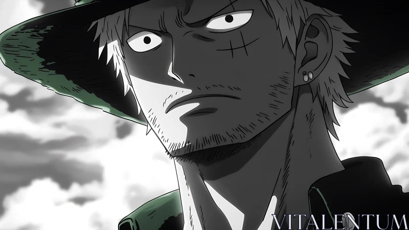 Weathered outlaw swordsman under storm-bright skies.