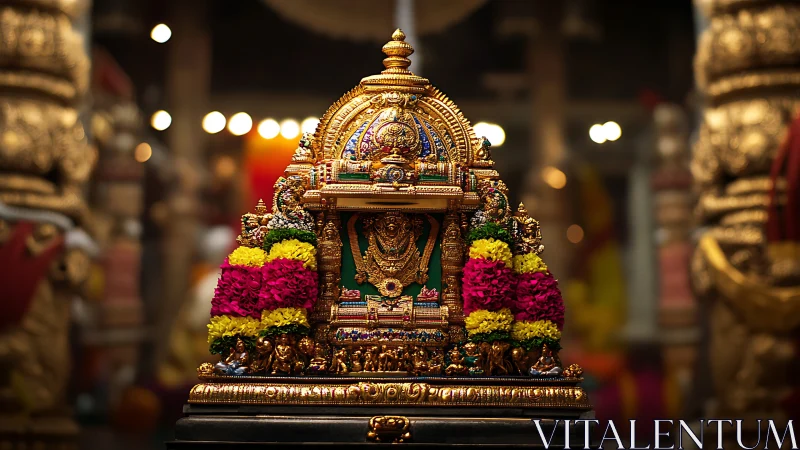 Ornate Hindu temple shrine with gold deity and garlands.