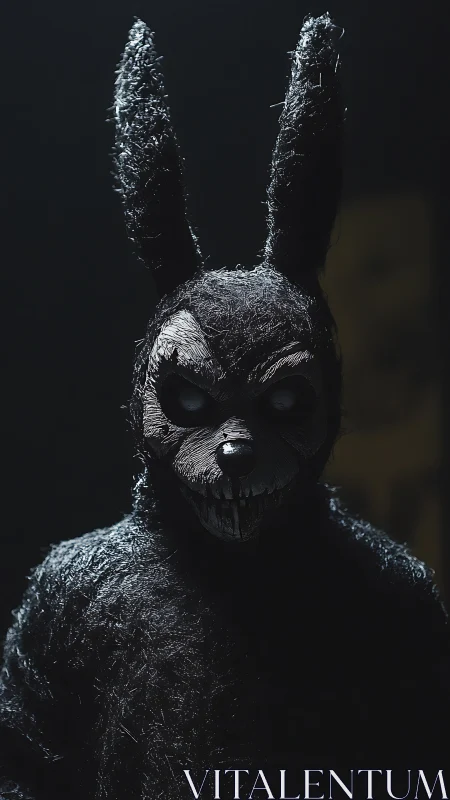 Masked figure in textured black rabbit costume in darkness.