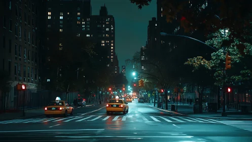 Neon-lit city avenue at night with glowing taxi streams.
