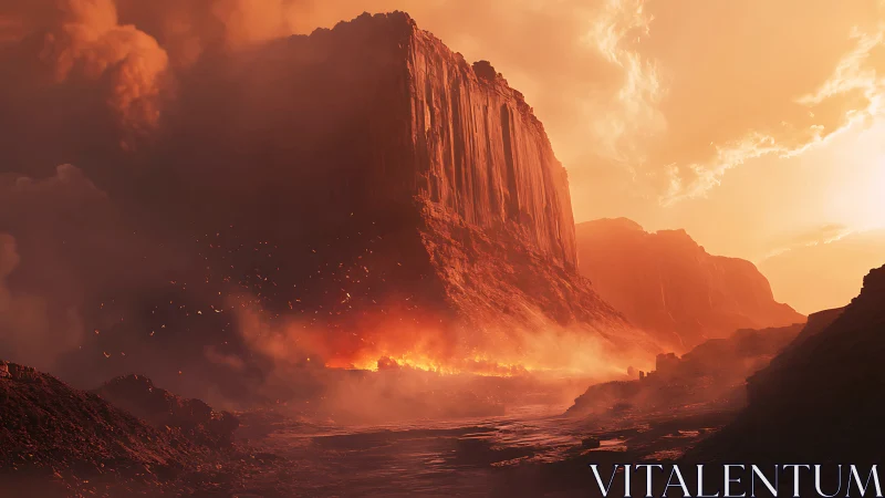 Fiery canyon cliffs glow warmly in a misty molten sunset