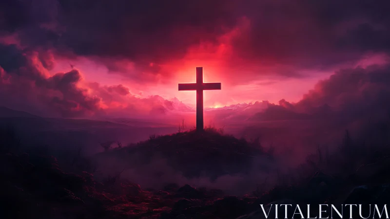 Backlit wooden cross on misty hill under crimson storm sky