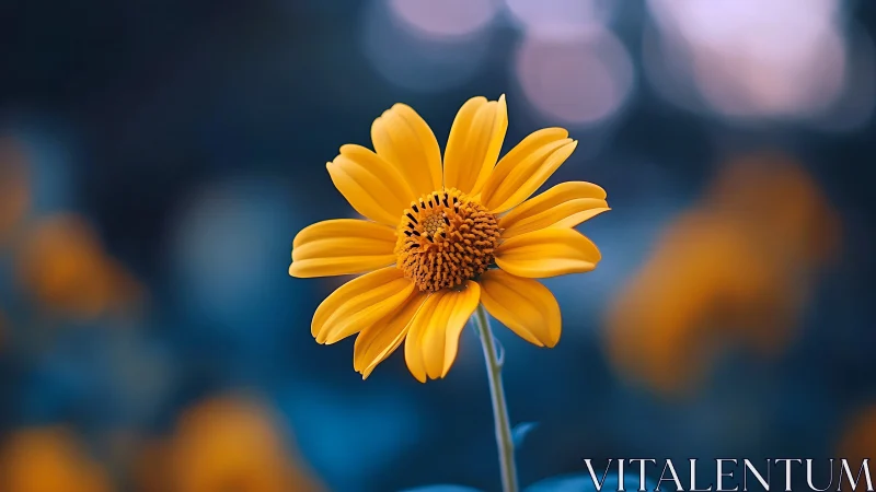Golden Daisy Bloom Against Blurred Blue Background.