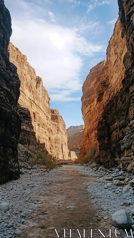 Narrow sedimentary slot canyon with sunlit sandstone walls