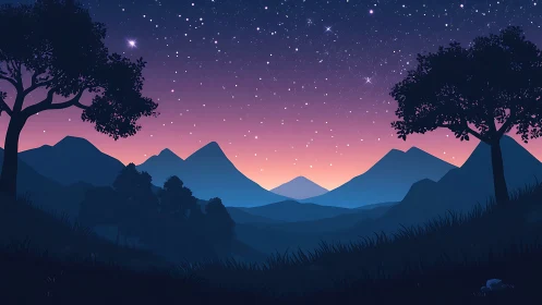 Hushed mountain valley dreaming beneath indigo starlight.