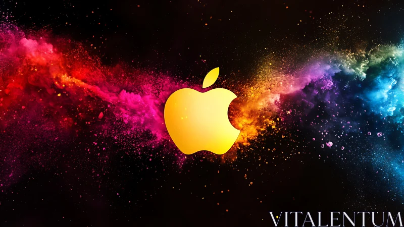 Golden apple logo over vivid cosmic color nebula.