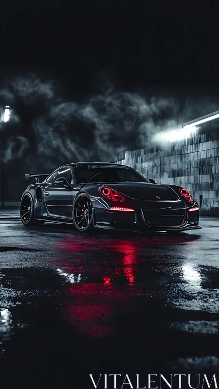 Night-stalking supercar glows in noir rain-slicked silence.