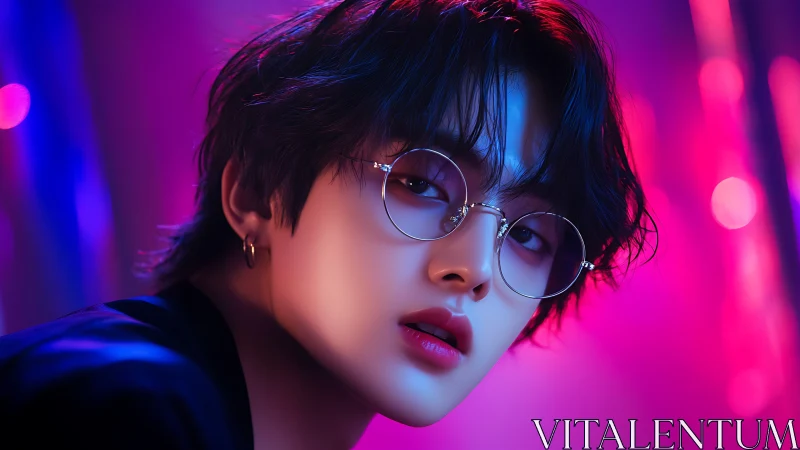 Portrait of youth with glasses in neon studio lighting.