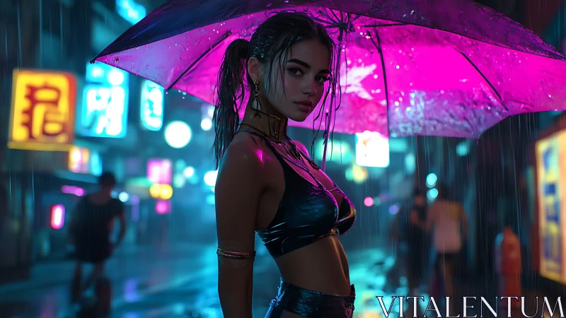 Neon lit street portrait under vivid pink umbrella in rain.