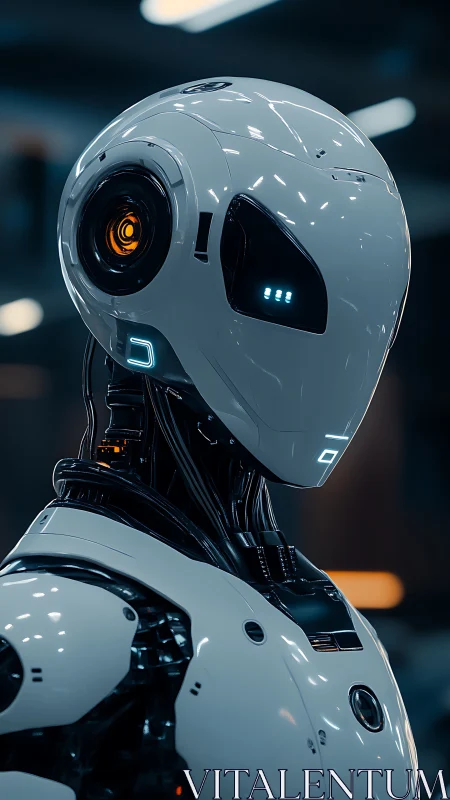 Chrome-sleek android sentinel under neon workshop hush.