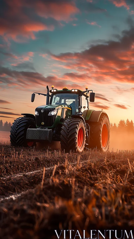 Modern agricultural tractor on stubble field at sunset.