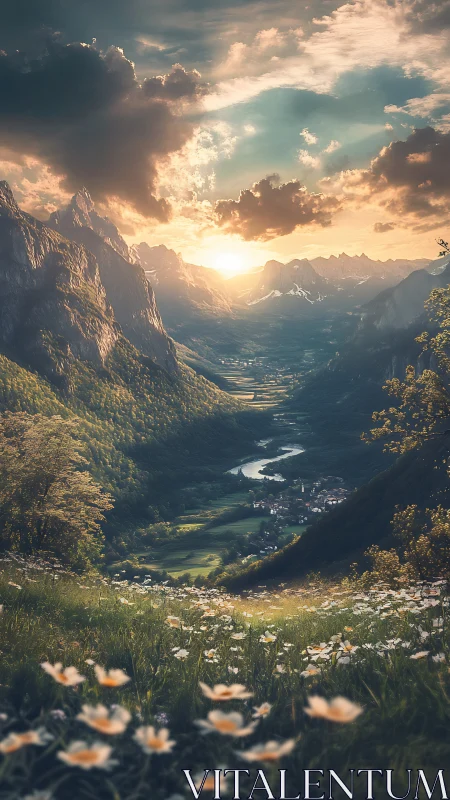 Sunlit alpine valley unfolds beneath dramatic evening clouds