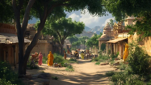 Sunlit temple street hums softly with color, cloth, and cattle