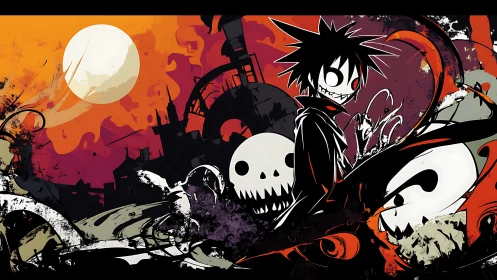 Midnight mischief kid roaming a wild, smiling nightmare city.