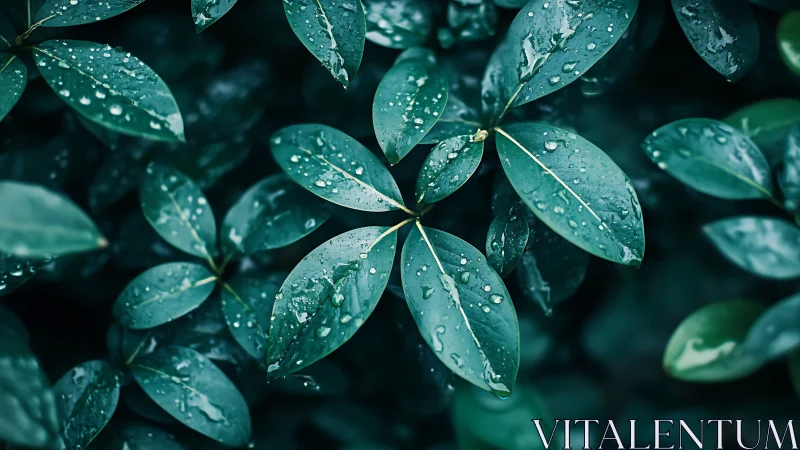 Macro foliage study shows raindrop-laden leaves in soft focus