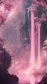 Bioluminescent pink waterfalls cascade through ethereal ravine