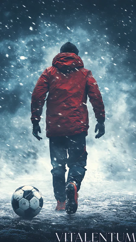 Person in red jacket on snowy field with soccer ball.