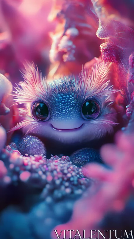 Smiling fantasy creature rests in glowing coral dreamscape.