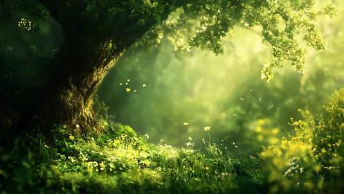 Sunlit forest glade with butterflies and luminous foliage