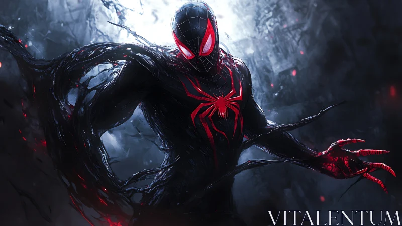 Dynamic venomous spider-hero in dark symbiotic suit illustration.