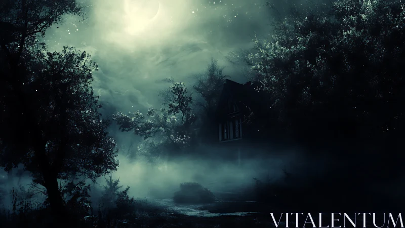 Moon-drowned forest cottage wrapped in whispered fog secrets.