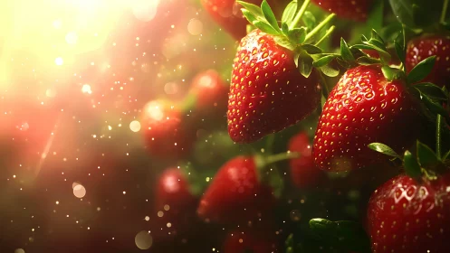 Macro strawberry cluster in warm bokeh backlit garden light