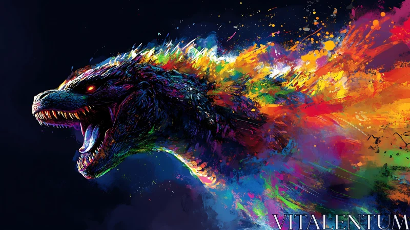 Roaring kaiju erupts through an explosion of neon paint.