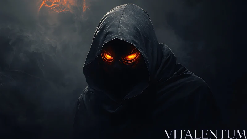 Smoldering-eyed hooded figure emerges from swirling, eerie dark