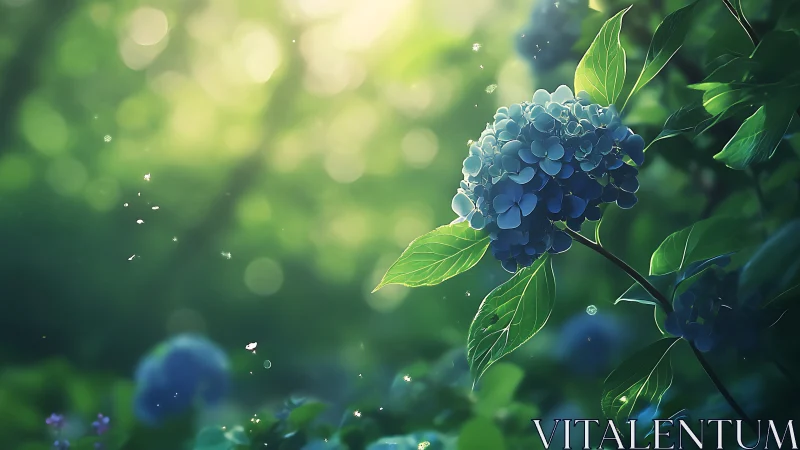 Blue hydrangea cluster sits in soft green forest light