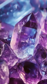 Macro amethyst crystal cluster under cool blue light.