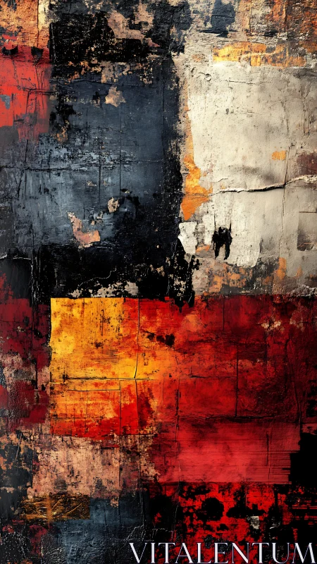 Textured abstract blocks in red, yellow, black, and white.