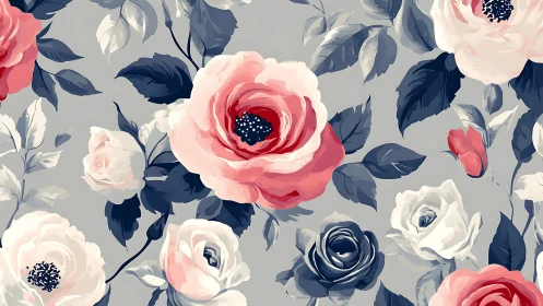 Floral botanical pattern with roses in coral and navy.