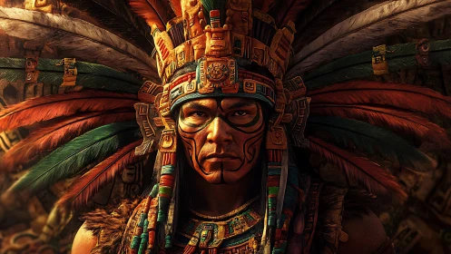 Warrior in ornate feathered headdress stares with fierce resolve