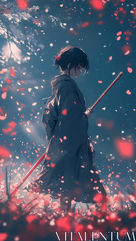 Samurai girl stands in falling petals holding a katana