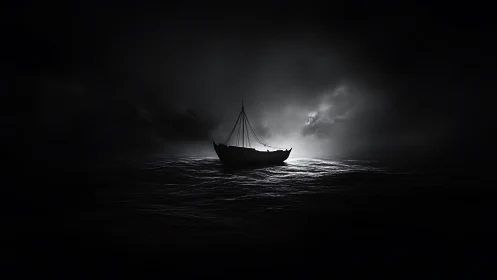 Lonely wooden boat drifts through moonlit darkness at sea