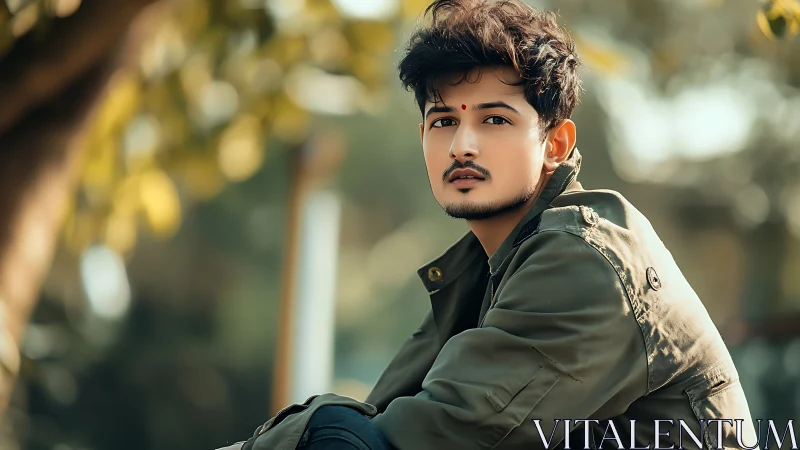 Outdoor portrait of young man in olive jacket, soft bokeh.
