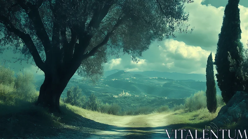 Sunlit hill path under spreading tree toward distant village.