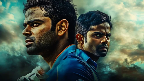 Dual portrait shows two intense male athletes against clouds