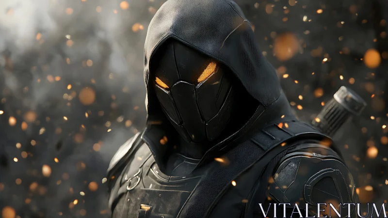 Armored hooded warrior with glowing eyes amid embers.