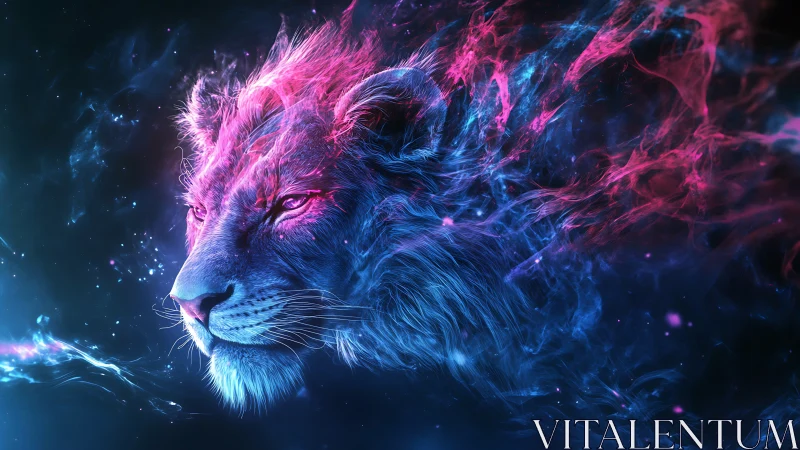 Neon blue and pink cosmic lion head in profile view.