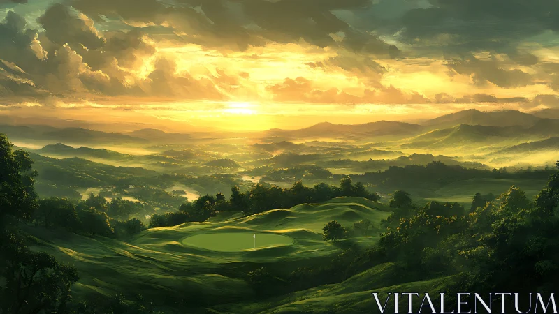 Sunlit golf green rests beneath a sweeping golden horizon