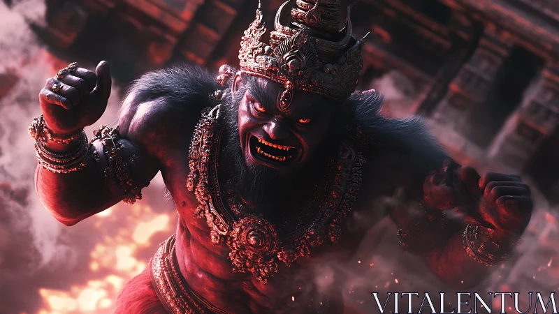 Mythic simian warrior in ornate armor amid fire and smoke.