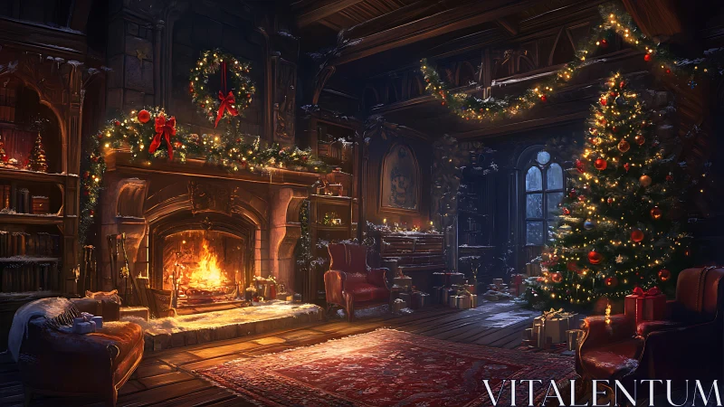 Christmas hearth glows inside snowy Victorian library.