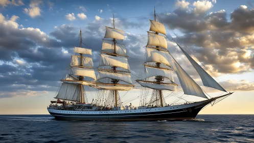 Sunlit tall ship gliding under storybook evening clouds.