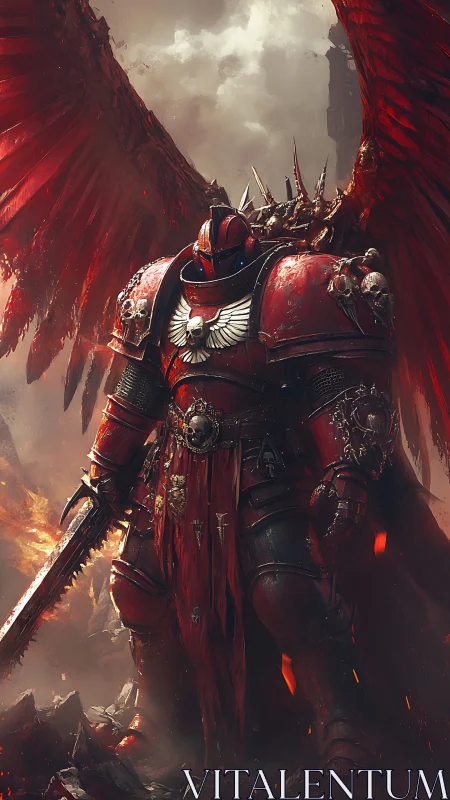 Winged crimson war guardian in baroque power armor.
