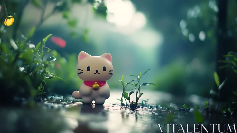 Lucky Maneki-neko Figurine in Enchanted Garden Setting.