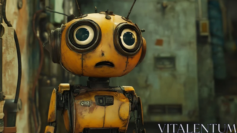 Yellow service robot with large eyes in worn workshop.
